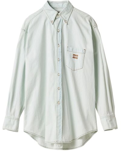 Miu Miu Logo-embroidered Denim Shirt - Women's - Cotton - Gray