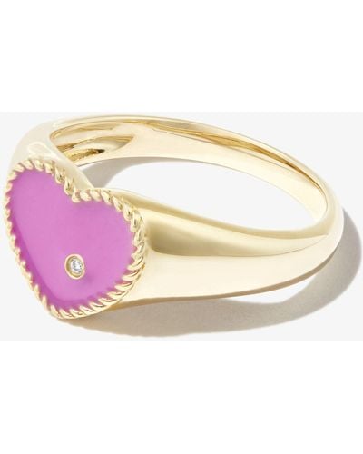 Yvonne Léon 9k Yellow Baby Coeur Enamel Diamond Signet Ring - Pink