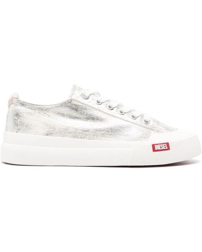 DIESEL S-athos Low-distressed Sneakers In Metallic Canvas - White
