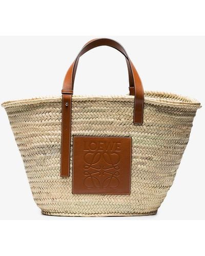 Loewe Large Logo Raffia Basket Bag With Leather Trim - Natural