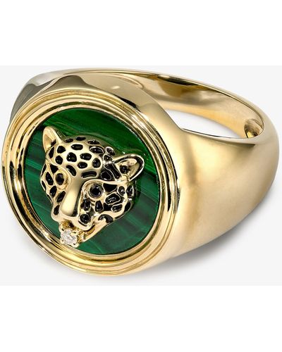 Yvonne Léon 9k Yellow Leopard Malachite Diamond Signet Ring - Metallic