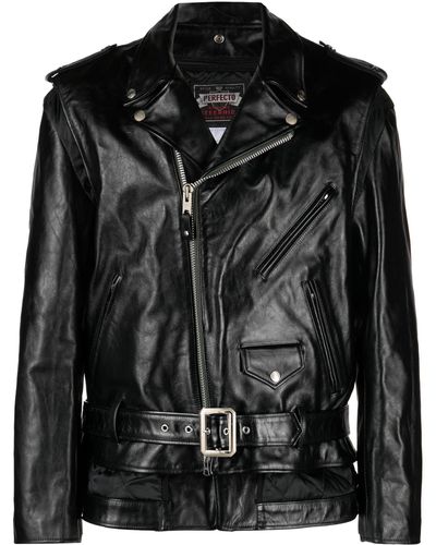 Sacai X Schott Nyc Black Leather Biker Jacket - Men's - Calf Leather/polyester