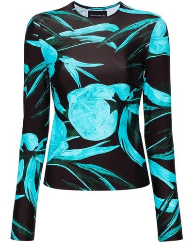 Louisa Ballou Turquoise Flower Printed Top - Women's - Recycled Polyester/elastane - Blue