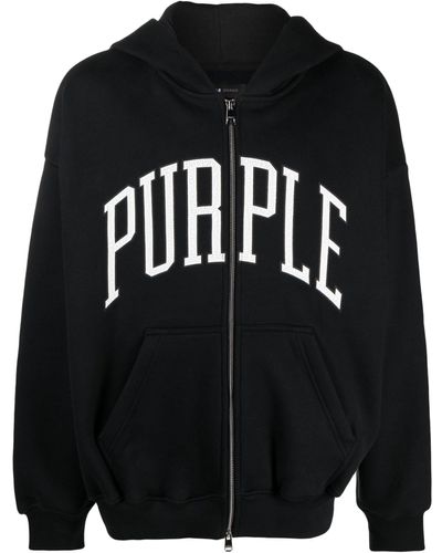 Purple Brand Logo Print Zip Front Hoodie - Black