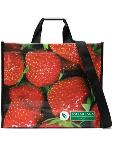 Balenciaga Multicolor Strawberry Print Two-way Tote Bag - Women's - Calf Leather - Red