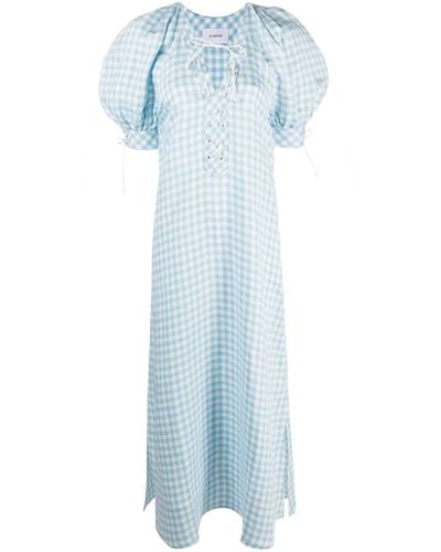 Sleeper Garden Gingham Puff-sleeve Dress - Blue