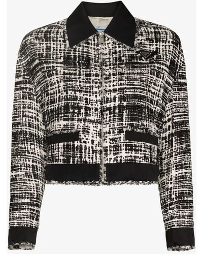 Prada Cropped Zip-up Tweed Jacket - Women's - Cotton/linen/flax/recycled Polyamide - Black