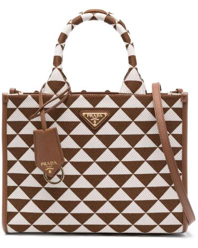 Prada Small Symbole Embroidered Fabric Handbag - Brown