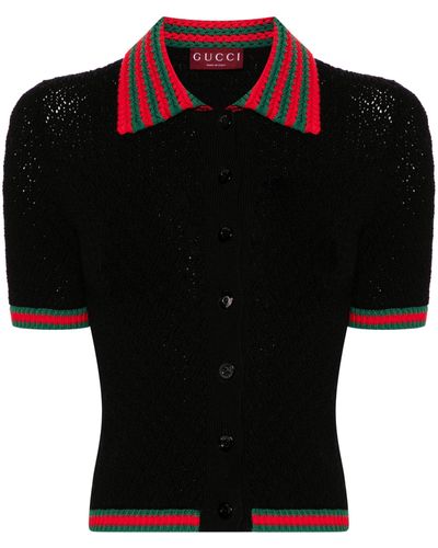Gucci Web-stripe Crochet-knit Polo Shirt - Women's - Cotton/elastane/polyamide - Black