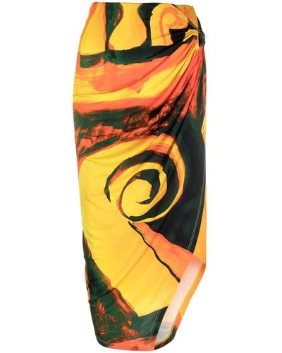 Louisa Ballou Yellow Coastline Checkmate Print Wrap Midi Skirt - Women's - Elastane/viscose - Orange