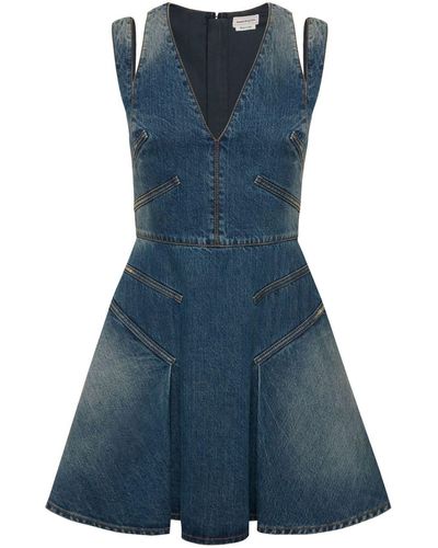 Alexander McQueen Short Flared Denim Dress - Blue