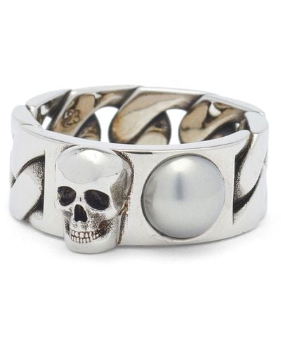 Alexander McQueen -tone Skull Pearl-embellished Ring - White