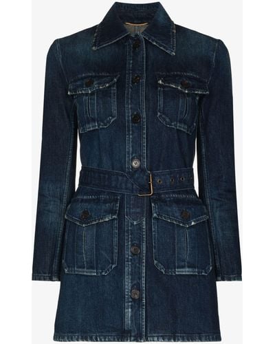 Saint Laurent Saharienne Belted Denim Jacket - Women's - Cotton - Blue