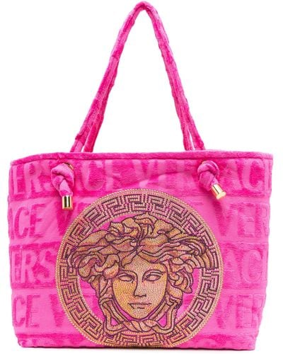 Versace Medusa Head Crystal Embellished Tote Bag - Unisex - Cotton/polyester/metallized Polyester - Pink