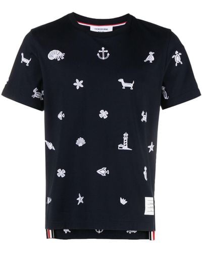 Thom Browne Graphic-embroidered Cotton T-shirt - Black