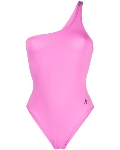 The Attico One-shoulder Logo-print Swimsuit - Pink