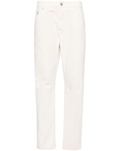 Brunello Cucinelli Distressed Tapered-leg Jeans - White
