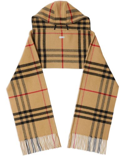 Burberry Check Wool Cashmere Hooded Scarf - Brown