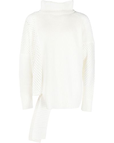 Sulvam Neutral Asymmetric Mesh Knit Sweater - White