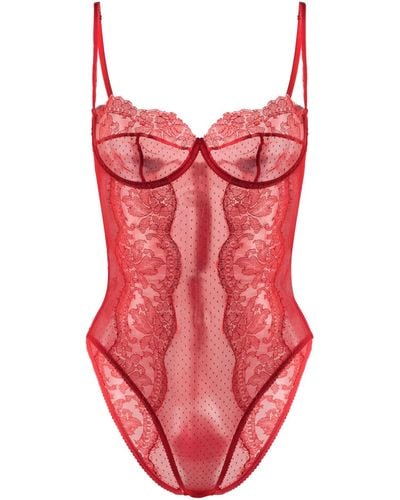 LWFYT Erotic Lingerie Sets Red Lace Bodysuit Deep V Neck Lingerie
