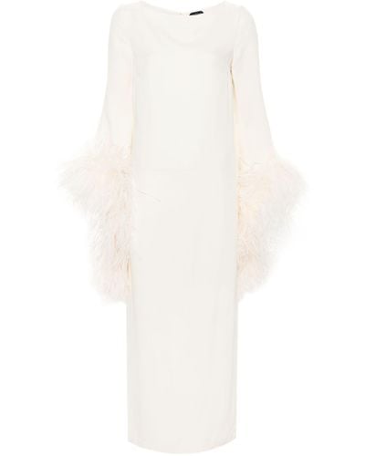 ‎Taller Marmo White Feather-trim Midi Dress