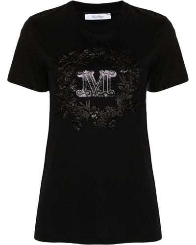 Max Mara Rhinestone-logo Cotton T-shirt - Black