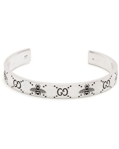 Gucci GG And Bee Engraved Cuff Bracelet - White