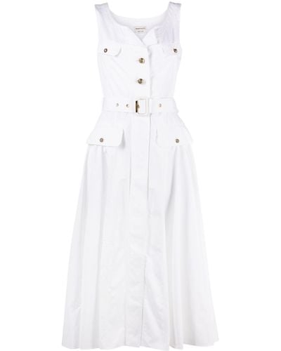 Alexander McQueen Belted Cotton-poplin Midi Dress - White