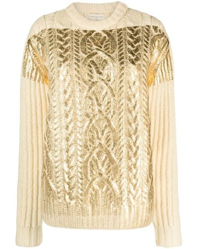 Dries Van Noten Neutral Painted Foil Cable-knit Wool Sweater - Natural
