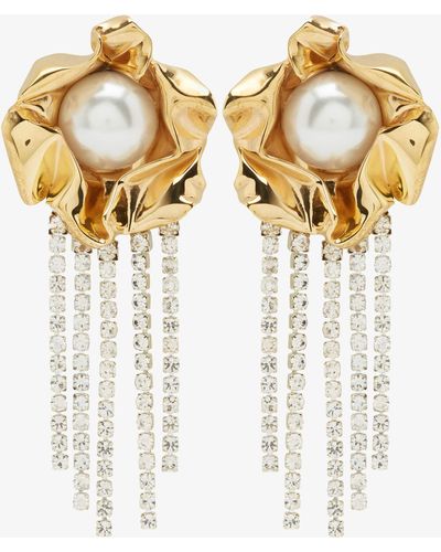 Sterling King Tone Titania Faux Pearl Crystal Fringe Earrings - White