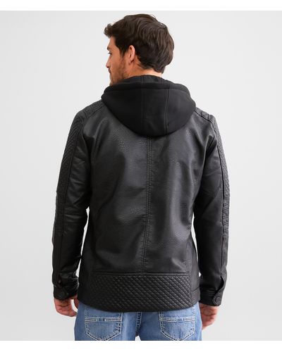 Buckle Black Faux Leather Hooded Jacket - Gray