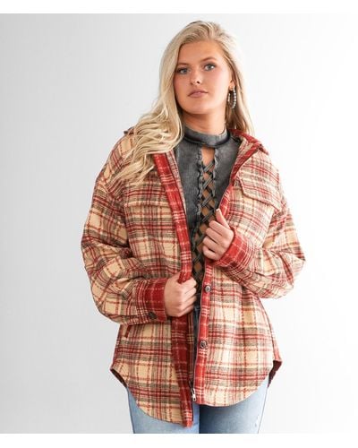 Gilded Intent Mixed Flannel Hooded Shacket - Red