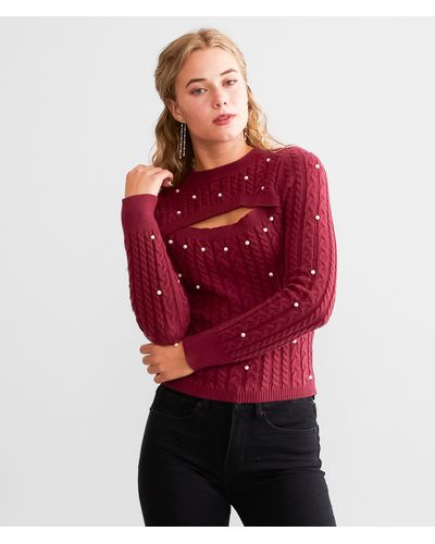 BKE Cut-out Faux Pearl Sweater - Red