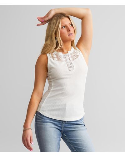 Miss Me Pieced Lace Henley Tank Top - White