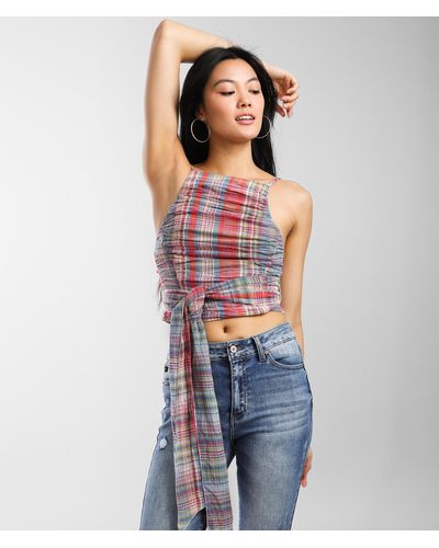 Free People Real Love Plaid Cropped Tank Top - Blue