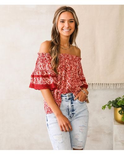 Angie Floral Off The Shoulder Top - Red