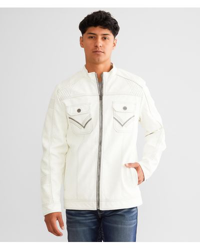Buckle Black Faux Leather Distressed Jacket - White