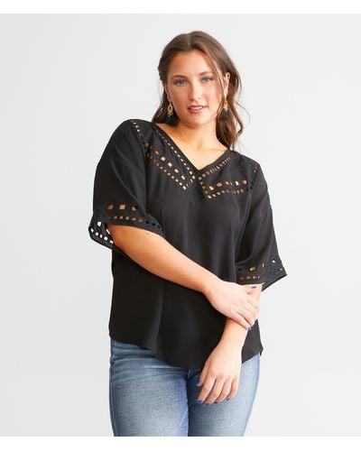 Buckle Black Embroidered Cut-out Top - Black