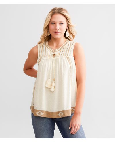 Miss Me Nubby Floral Embroidered Tank Top - Natural