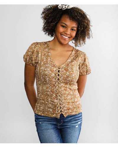 Daytrip Lace-up Puff Sleeve Top - Brown