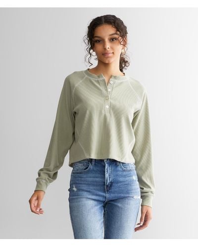 FITZ + EDDI Womens Long Sleeve Burnout T-Shirt Size M Green Ivory