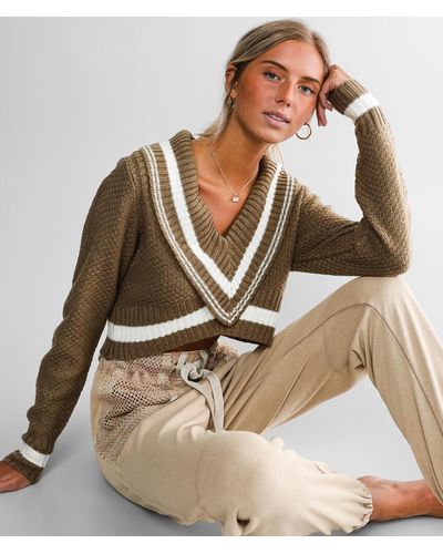 Gilded Intent Varsity Stripe Cropped Sweater - Brown