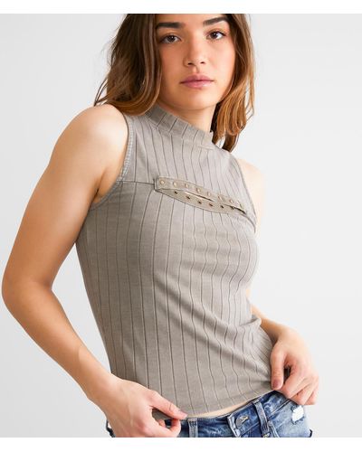 Gilded Intent Wide Ribbed Mock Neck Tank Top - Gray