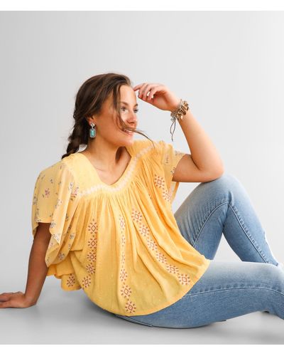 Miss Me Embroidered Square Neck Top - Yellow