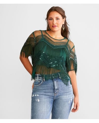 Miss Me Embellished Mesh Cropped Top - Green