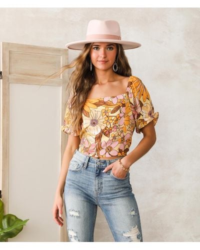 Angie Vintage Floral Cropped Top - Yellow