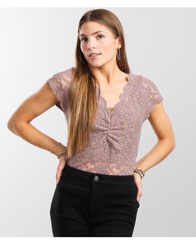 BKE Sheer Scalloped Lace Top - Gray