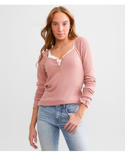 BKE Sweetheart Ribbed Henley - Red