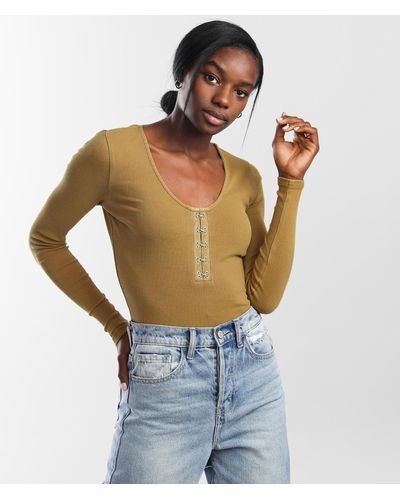 Gilded Intent Ribbed Knit Henley Top - Brown