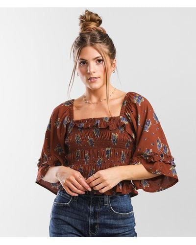 Angie Smocked Floral Cropped Top - Red